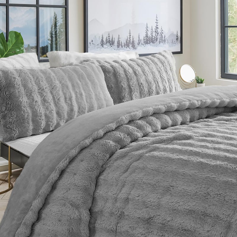 Bedbay Faux Fur Comforter Set King Size Plush Grey Fluffy Comforter Luxury Rabbit Fur Fuzzy Furry Bedding Set 3 Pieces Soft Warm Shaggy Velvet Reversible Quilt Duvet Set for Boys Girls Kids - Image 3