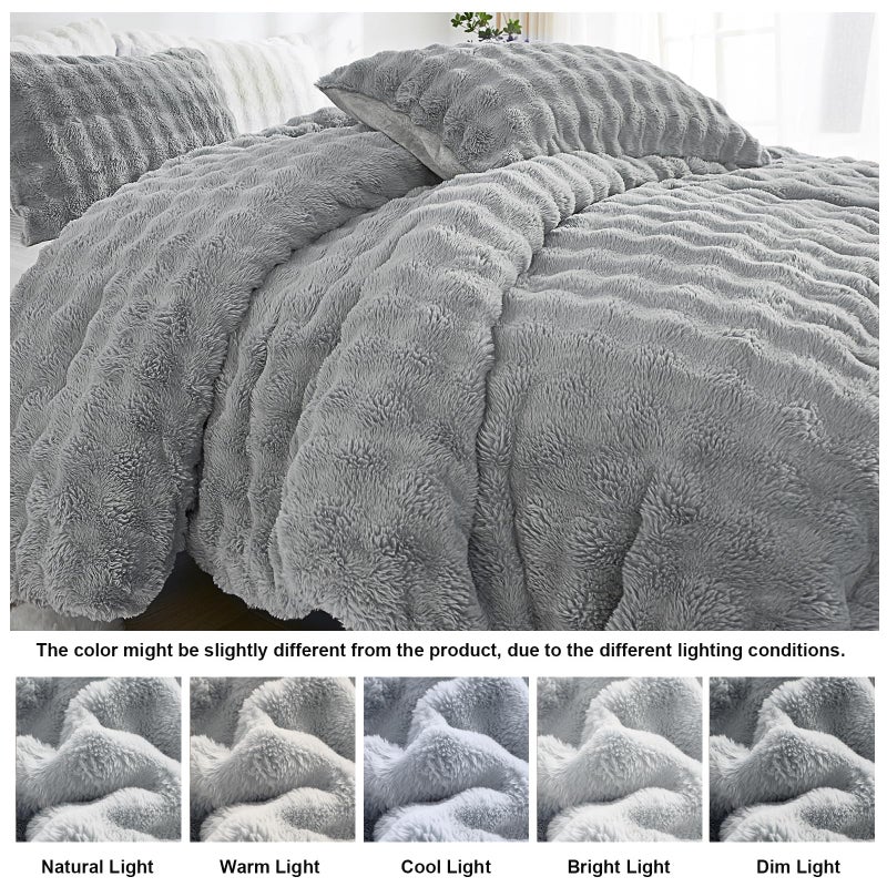 Bedbay Faux Fur Comforter Set King Size Plush Grey Fluffy Comforter Luxury Rabbit Fur Fuzzy Furry Bedding Set 3 Pieces Soft Warm Shaggy Velvet Reversible Quilt Duvet Set for Boys Girls Kids - Image 4