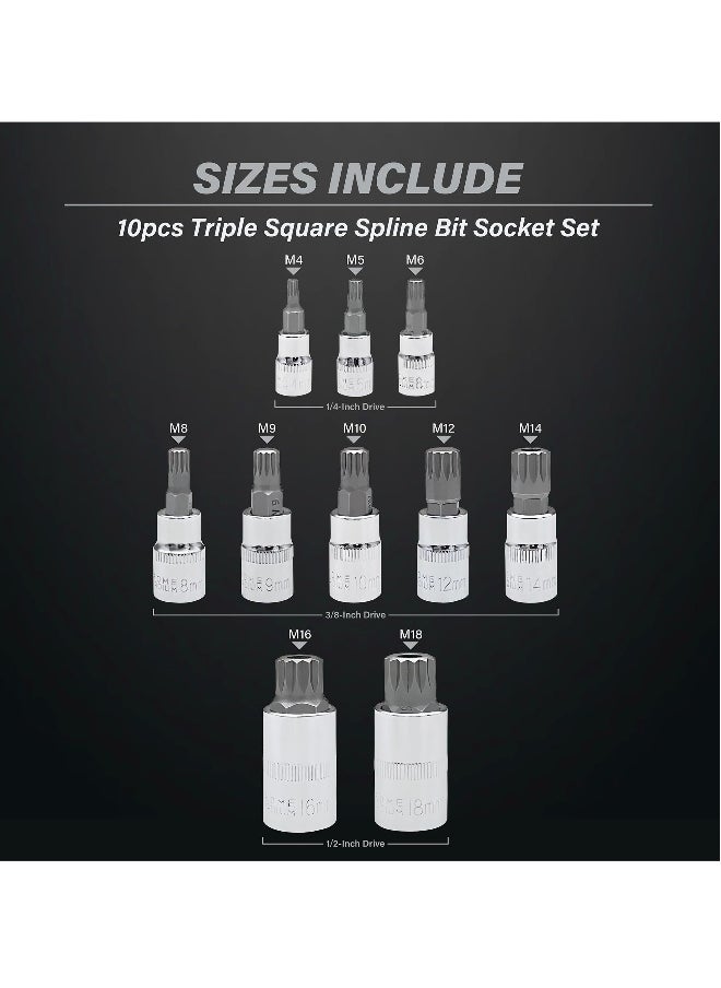 Generic XZN Triple Square Spline Bit Socket Set, 10 Piece, M4 to M18, Includes 1/2, 1/4, and 3/8 Inch Drive, Premium S2 and Cr V Steel  - Image 2