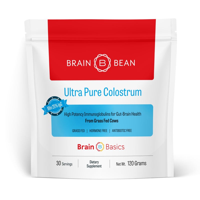 Brain Basics UltraPure Colostrum 4000mg per Serving Min 25 IgG antibodies GutBrainImmune Health Glowing Hair and Skin Colostrum Powder from GrassFed Cows 120 Grams 30 Servings