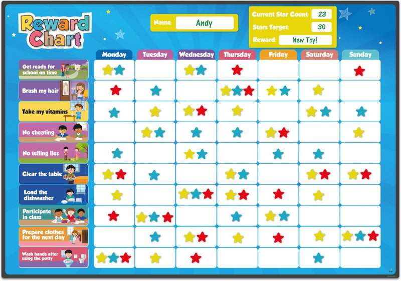 inamio Magnetic Kids Responsibility Reward Chart - Engaging 3D Stars & Chore Tasks - Behavior Chart for Home & School - Ideal for Ages 3-9, Multiple Kids - Image 1