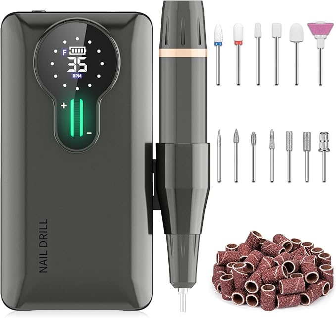 ENGERWALL 35000 RPM Rechargeable Nail Drill Portable Cordless Electric Nail File for Acrylic and Gel Nails Polishing Removal Manicure Pedicure Kit with Nail Drill Bits Dark Silver Pro - Image 1