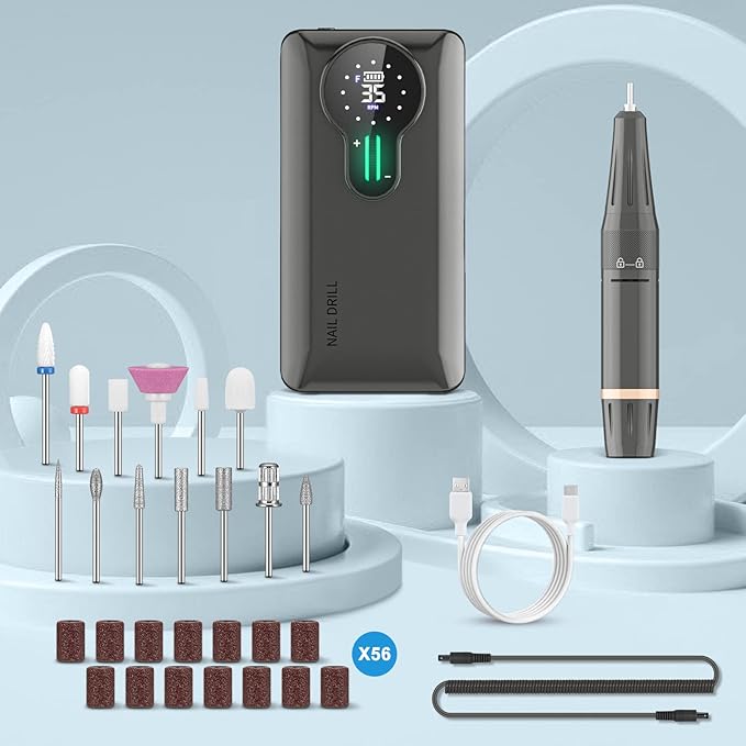 ENGERWALL 35000 RPM Rechargeable Nail Drill Portable Cordless Electric Nail File for Acrylic and Gel Nails Polishing Removal Manicure Pedicure Kit with Nail Drill Bits Dark Silver Pro - Image 4