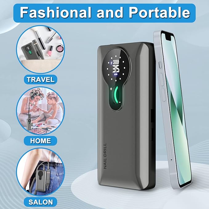 ENGERWALL 35000 RPM Rechargeable Nail Drill Portable Cordless Electric Nail File for Acrylic and Gel Nails Polishing Removal Manicure Pedicure Kit with Nail Drill Bits Dark Silver Pro - Image 3
