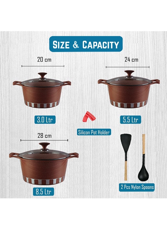 RK ROYAL KITCHEN Cresta Classic Non Stick Diecast Casserole Set – 10 Pcs with Glass Lids & Nylon Spoons, Sizes 20, 24, 28 cm, High-Quality Aluminium, Marble Coated Chocolate Finish, Food Grade, Stylish Design, Durable and Easy to Clean  - Image 4