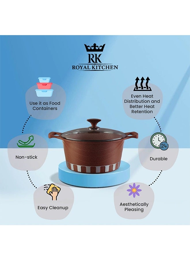 RK ROYAL KITCHEN Cresta Classic Non Stick Diecast Casserole Set – 10 Pcs with Glass Lids & Nylon Spoons, Sizes 20, 24, 28 cm, High-Quality Aluminium, Marble Coated Chocolate Finish, Food Grade, Stylish Design, Durable and Easy to Clean  - Image 5