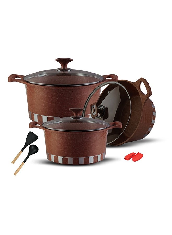 RK ROYAL KITCHEN Cresta Classic Non Stick Diecast Casserole Set – 10 Pcs with Glass Lids & Nylon Spoons, Sizes 20, 24, 28 cm, High-Quality Aluminium, Marble Coated Chocolate Finish, Food Grade, Stylish Design, Durable and Easy to Clean  - Image 1