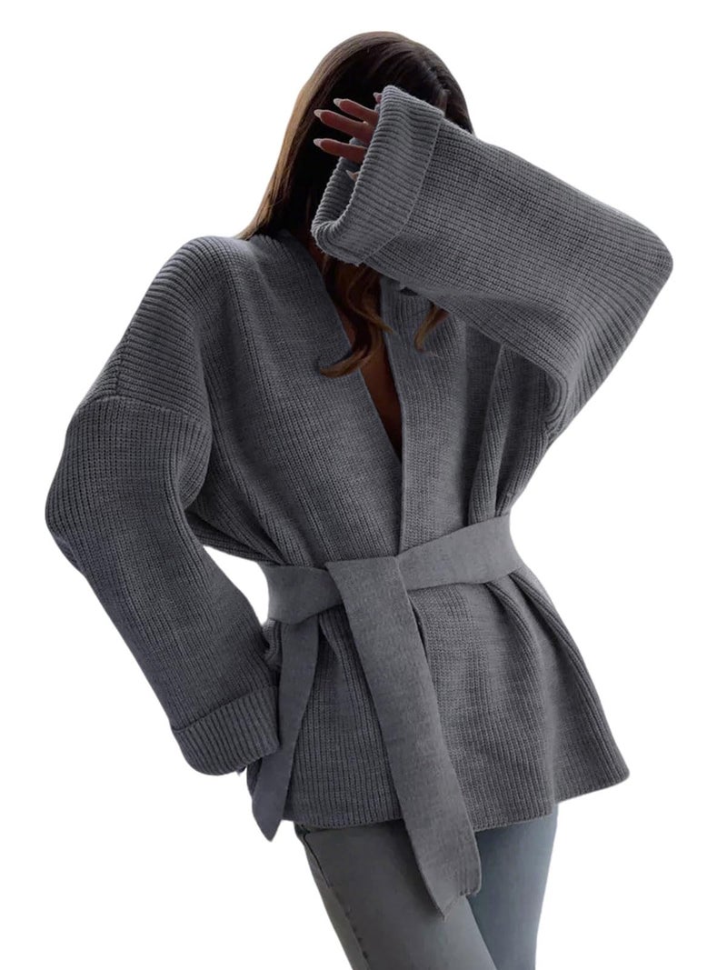 utcoco Womens Oversized Knit Cardigan Belted Wrap Sweater Long Sleeve Loose Fit Open Front Coat for Fall & Winter (Large, Grey) - Image 1