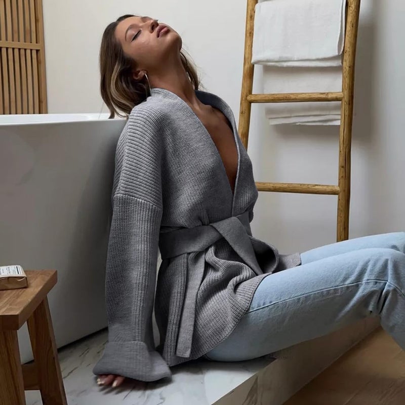 utcoco Womens Oversized Knit Cardigan Belted Wrap Sweater Long Sleeve Loose Fit Open Front Coat for Fall & Winter (Large, Grey) - Image 2