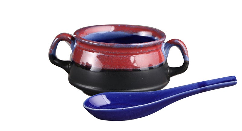 Caffeine Ceramic Handmade Multicolor Glossy Double Handle Soup Bowl with Spoon (4 Pieces) - Image 2