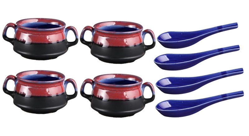 Caffeine Ceramic Handmade Multicolor Glossy Double Handle Soup Bowl with Spoon (4 Pieces) - Image 1