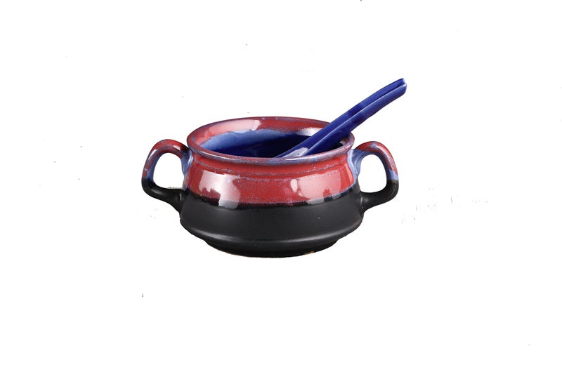 Caffeine Ceramic Handmade Multicolor Glossy Double Handle Soup Bowl with Spoon (4 Pieces) - Image 3
