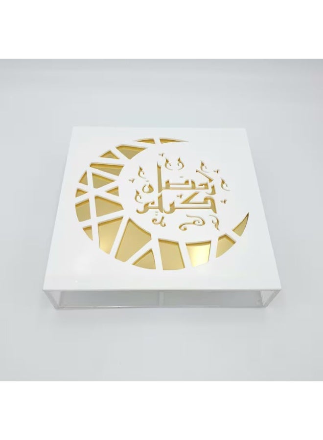 Horoof Market Horoof Home® Elegant Ramadan Kareem Acrylic Decoration - Gold, White & Clear Design (20.3x20.3x5 cm) - Image 1