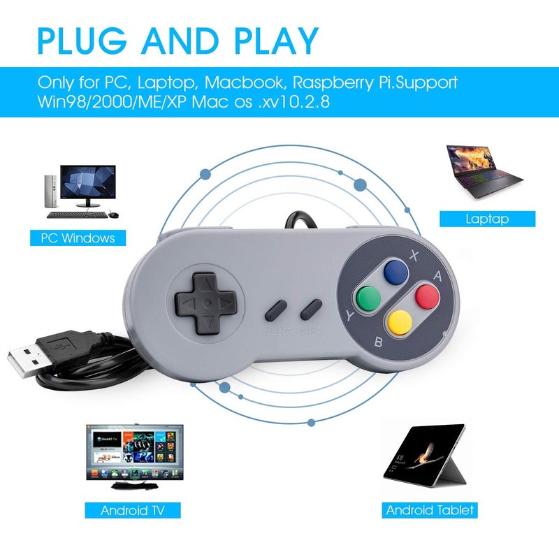 RII Game Controller, Retro USB Controller for PC Gaming, Super Classic Wired Game Emulator Controller for PC, Raspberry Pi, Windows,Mac,Liunx, Android (Grey, 2 Pack) - Image 3