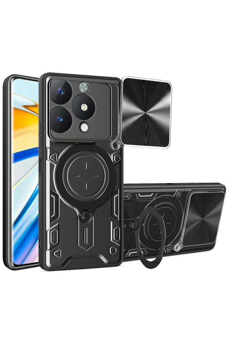 for ITEL A90 4G Case, Slide Camera Lens Cover, Magnetic Ring Holder Kickstand Protective Phone Case for ITEL A90 4G, Black