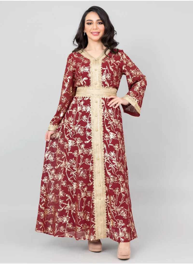 IKKXA Lace Printed Modern Jalabiya IK2024 Maroon