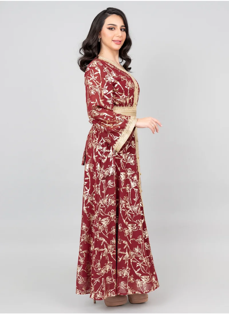IKKXA Lace Printed Modern Jalabiya IK2024 Maroon