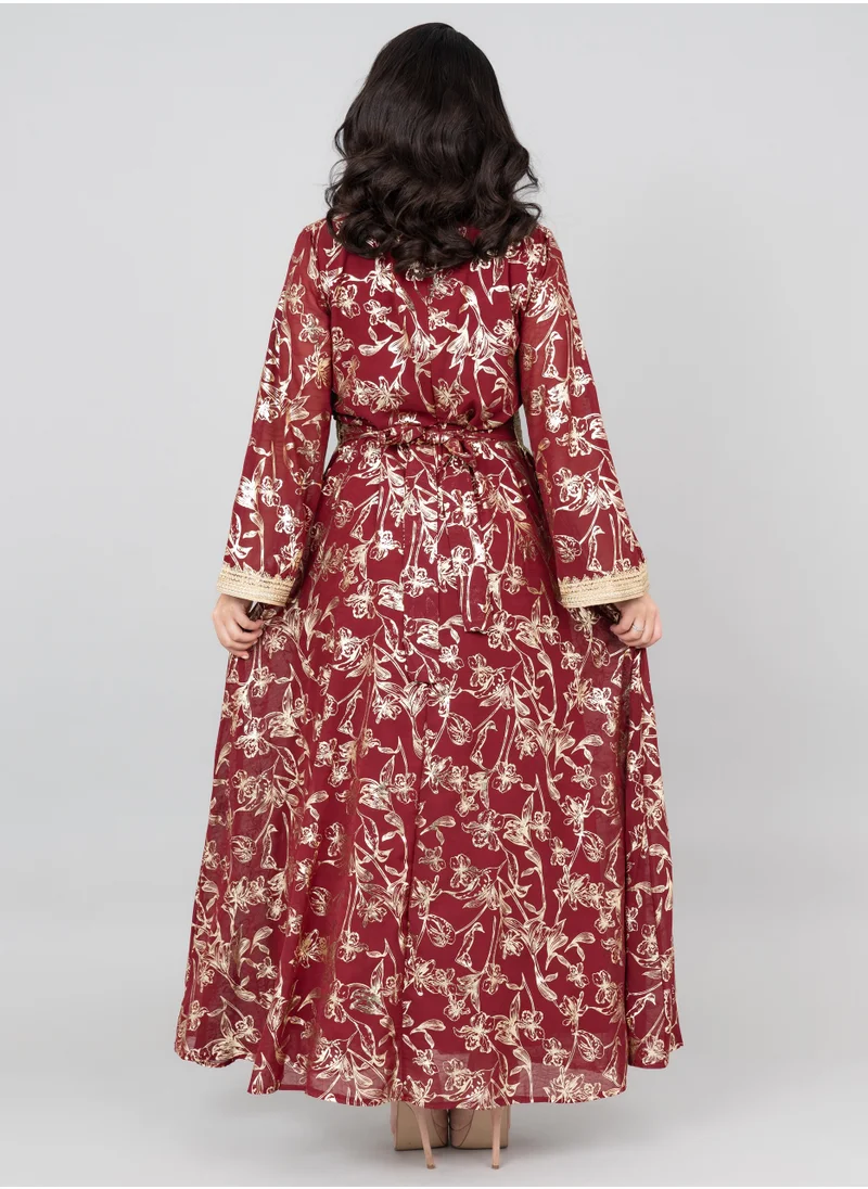 IKKXA Lace Printed Modern Jalabiya IK2024 Maroon