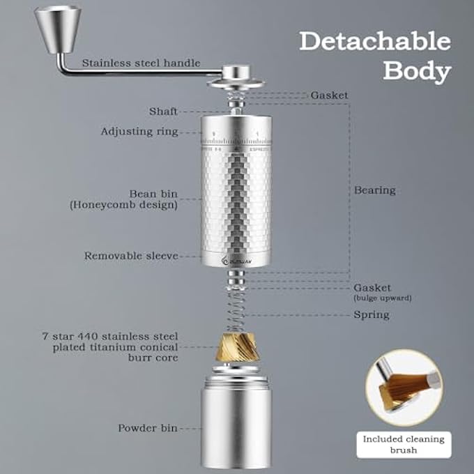 ELMWAY Hc03 Manual Coffee Grinder 7 Star 440 Stainless Steel Titanium Plated Conical Burr Simple External Adjustable Grinding Settings Espresso To French Press AllMetal Body Coffee GrinderSilver - Image 4