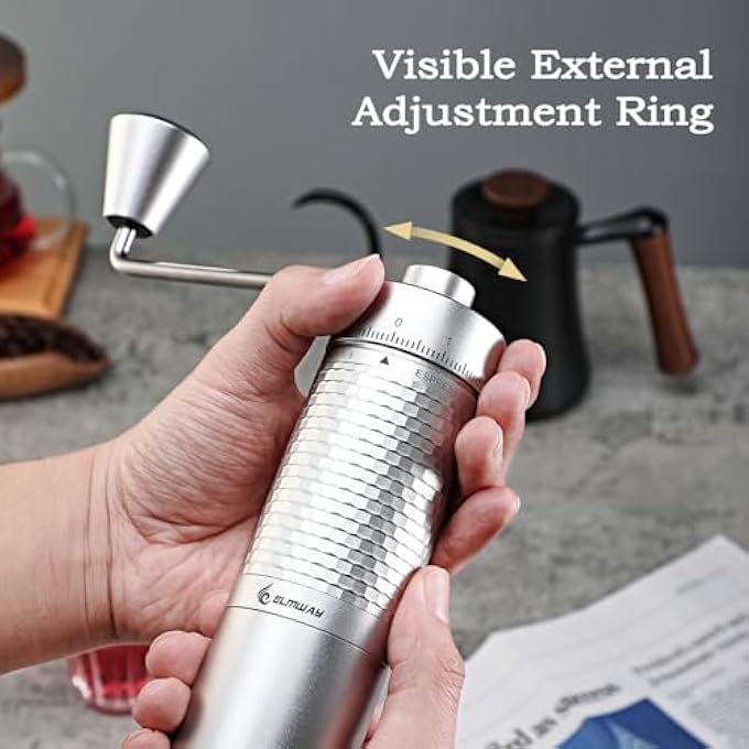 ELMWAY Hc03 Manual Coffee Grinder 7 Star 440 Stainless Steel Titanium Plated Conical Burr Simple External Adjustable Grinding Settings Espresso To French Press AllMetal Body Coffee GrinderSilver - Image 5