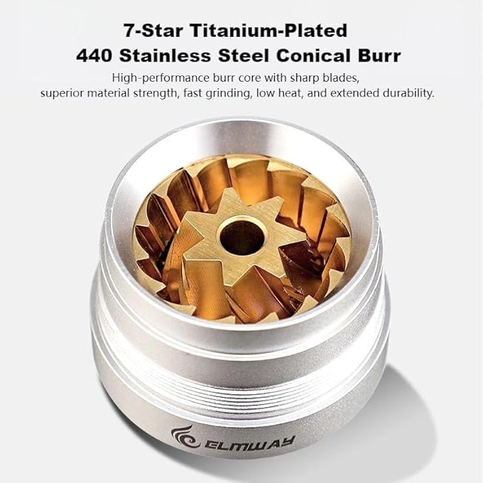 ELMWAY Hc03 Manual Coffee Grinder 7 Star 440 Stainless Steel Titanium Plated Conical Burr Simple External Adjustable Grinding Settings Espresso To French Press AllMetal Body Coffee GrinderSilver - Image 3