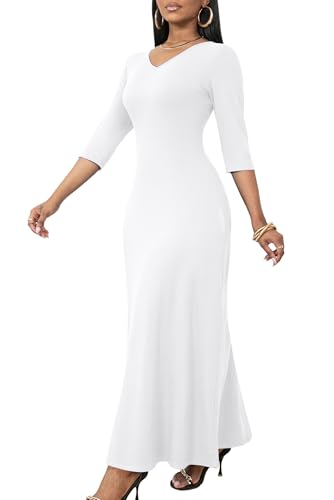FANDEE Women 3 4 Sleeve Loose Plain Casual Long Maxi Dresses, White Large - Image 1