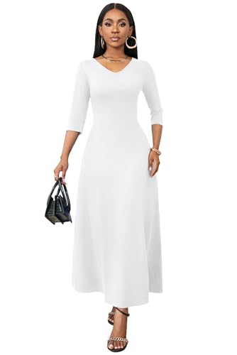 FANDEE Women 3 4 Sleeve Loose Plain Casual Long Maxi Dresses, White Large - Image 2