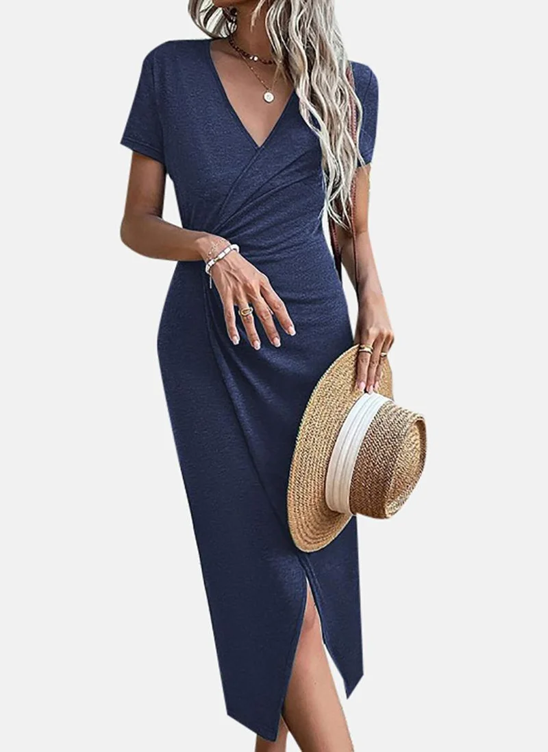 YUNIQEE Blue Solid Short Sleeve Surplice Neck Midi Wrap Dress