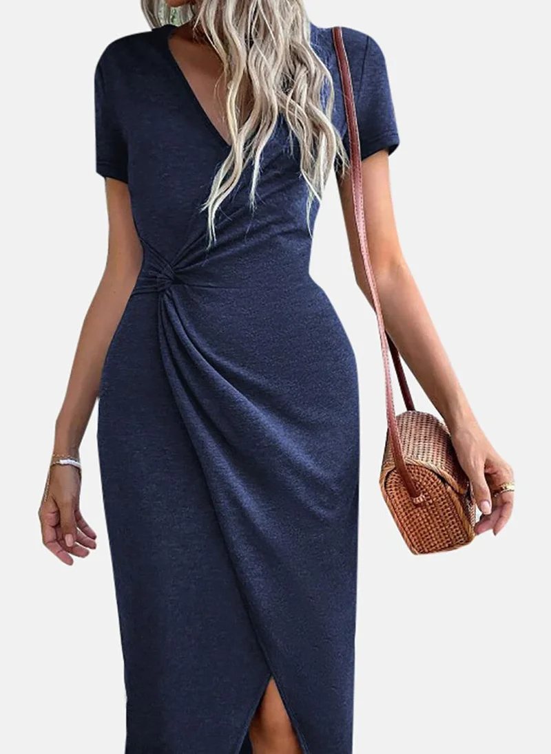 YUNIQEE Blue Solid Short Sleeve Surplice Neck Midi Wrap Dress