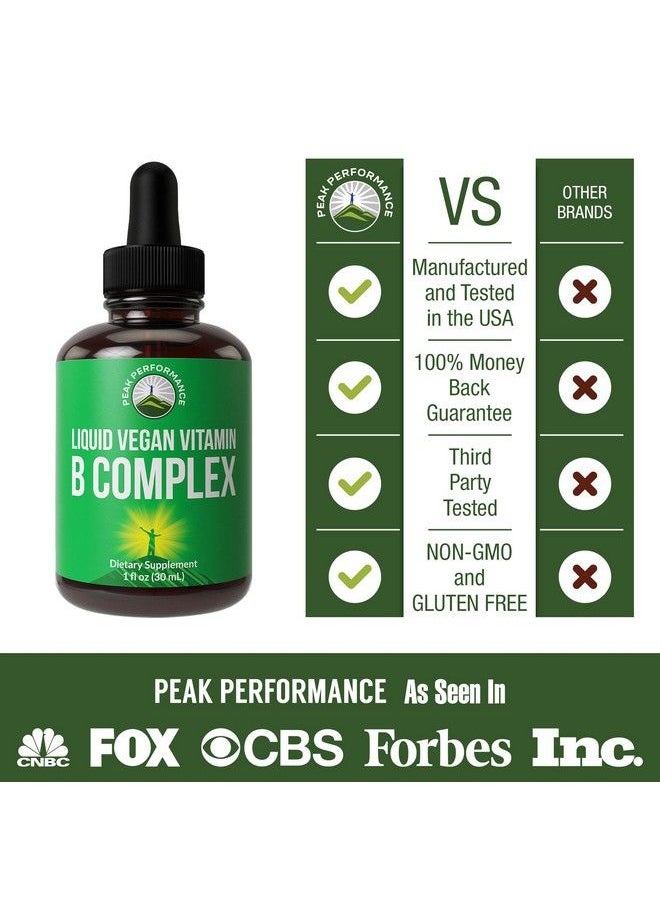 Peak Performance - B Complex Liquid Drops Vegan Supplement. Best 5 B Vitamins With B3 Niacin B6 B7 Biotin B9 Folate Methylcobalamin B12. Bcomplex For Hair Skin Nails Energy. For Adults Men Women - Image 1
