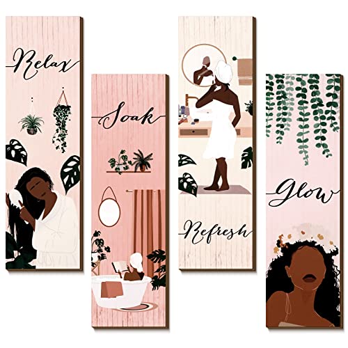 Yookeer 4 Pieces Bathroom Wall Decor Pink Decor Boho Wall Art Print Black Women African American Wood Plaque Bathroom Hanging Decors for Home Spa