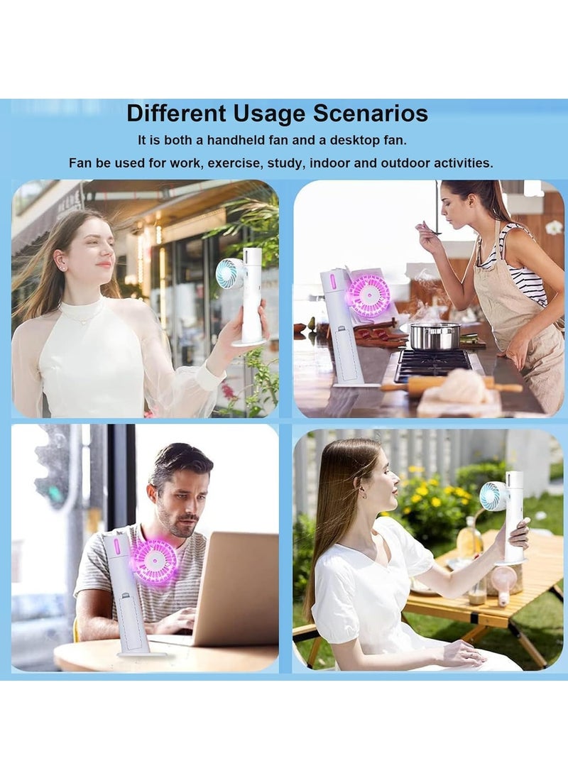 Portable 3-in-1 Handheld Fan with Mist Spray and LED Light, USB Rechargeable, Silent Operation, Ideal for Home, Office, Travel and Outdoor Use, 1200mAh Battery, White