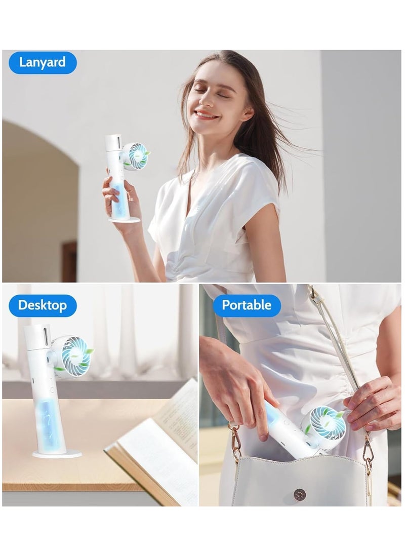 Portable 3-in-1 Handheld Fan with Mist Spray and LED Light, USB Rechargeable, Silent Operation, Ideal for Home, Office, Travel and Outdoor Use, 1200mAh Battery, White