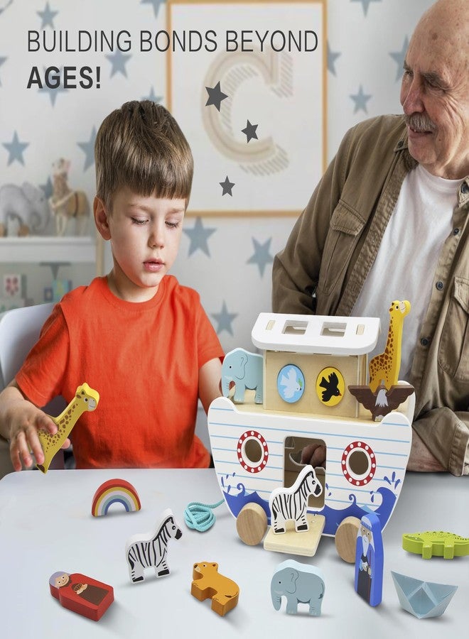 bpmfkid Noah's Ark Wooden Toy Set, Educational Wooden Animal Toys for Toddlers, Montessori Shape Sorter Educational Toys, Bible Story Engagement & Perfect Baptism, Christening Gift for 2-4 Y - Image 3