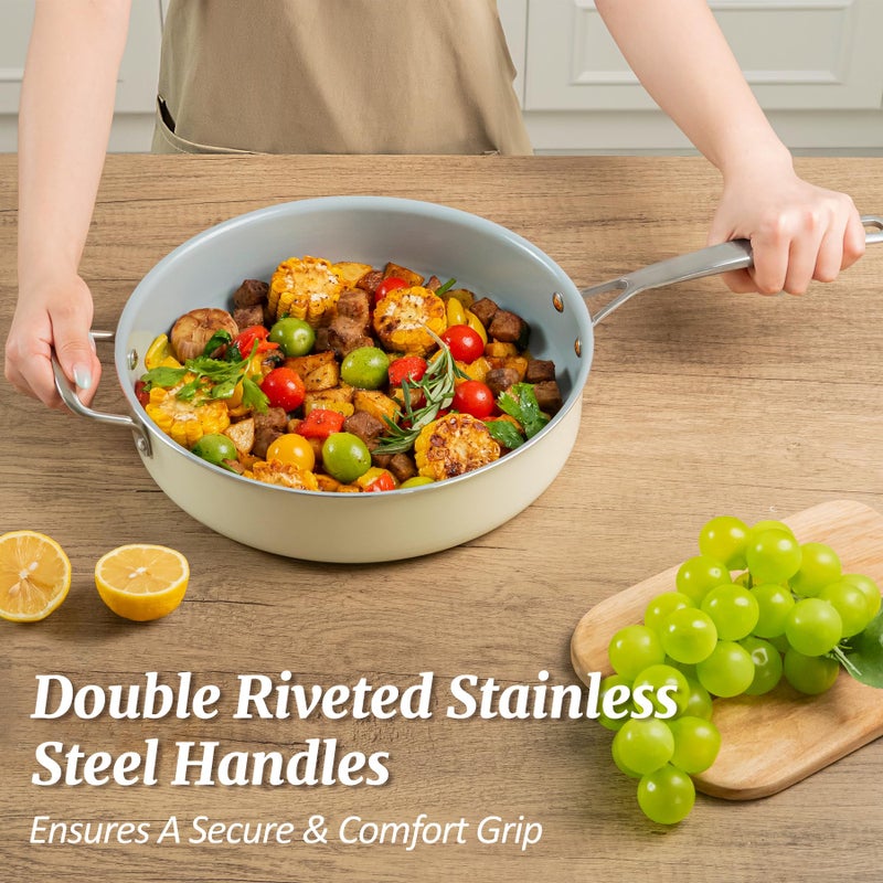 Coicur Nonstick SautÃ© Pan with Lid 5 QT Deep Frying Pan with Stainless Steel Helper Handle 12 inch Large Skillet Ceramic Jumbo Cooker for Healthy Cooking, Induction Compatible Cookware, PFOA Free - Image 3