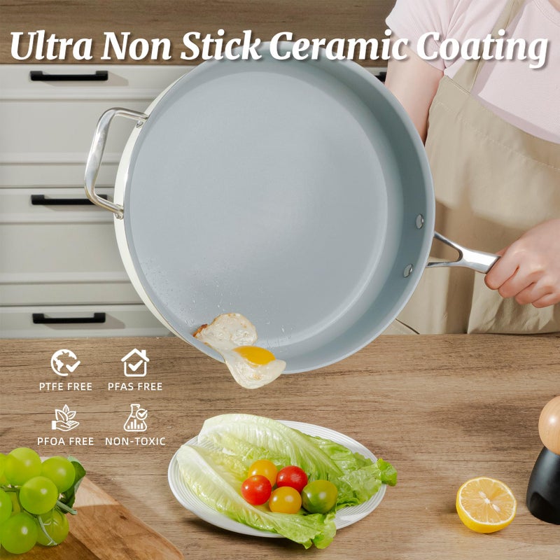 Coicur Nonstick SautÃ© Pan with Lid 5 QT Deep Frying Pan with Stainless Steel Helper Handle 12 inch Large Skillet Ceramic Jumbo Cooker for Healthy Cooking, Induction Compatible Cookware, PFOA Free - Image 2
