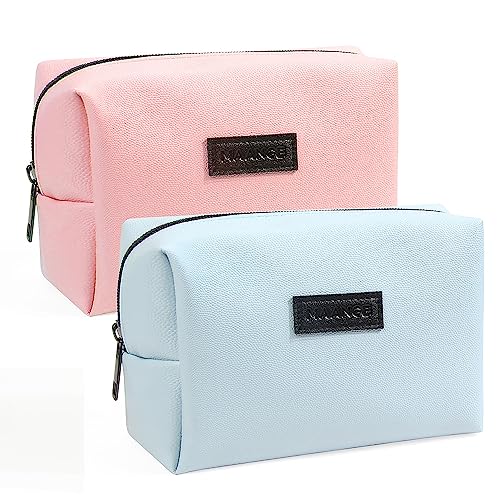 MAANGE 2 Pcs Small Makeup Bag For Purse, Travel Cosmetic Bag Makeup Pouch PU Leather Portable Versatile Zipper Pouch For Women (Pink+Blue) - Image 1