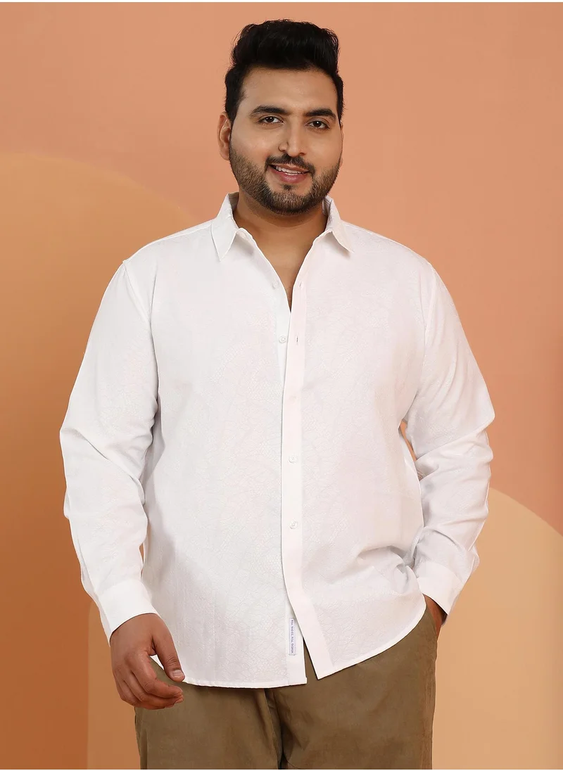 انستافاب بلس Instafab Plus Men's Chalk White Ophidian Self-Design Shirt For Casual Wear | Spread Collar | Long Cuffed Sleeves | Button Closure | Plus Size Shirt Crafted With Comfort Fit For Everyday Wear