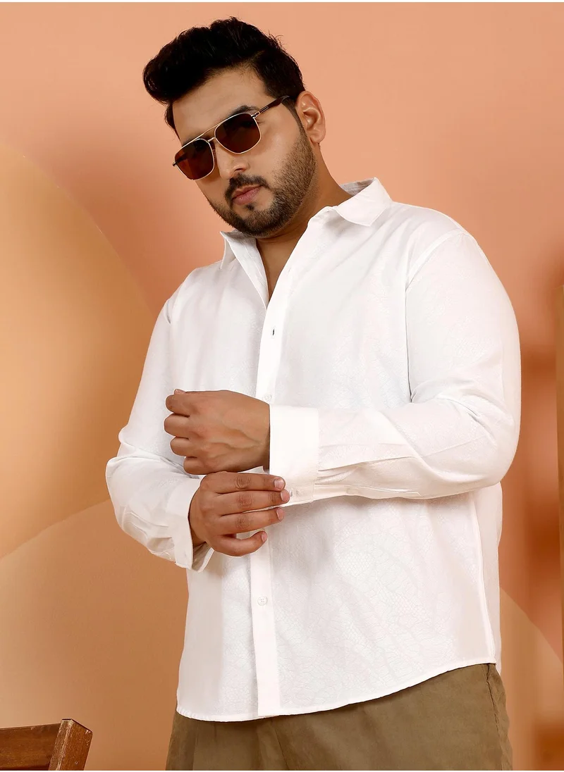 انستافاب بلس Instafab Plus Men's Chalk White Ophidian Self-Design Shirt For Casual Wear | Spread Collar | Long Cuffed Sleeves | Button Closure | Plus Size Shirt Crafted With Comfort Fit For Everyday Wear