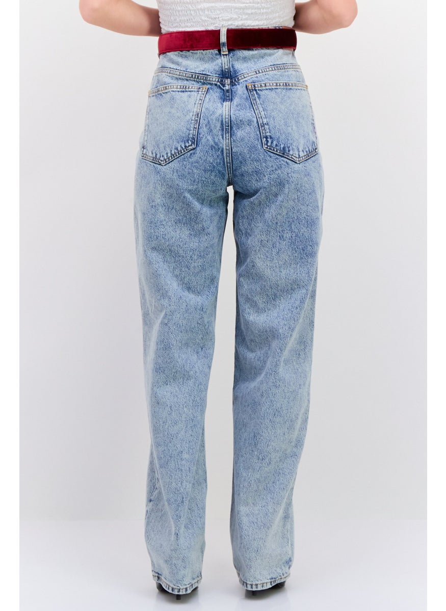 Scotch & Soda Women Straight Fit High Rise Wash Belted No Stretch Jeans, Blue  - Image 3