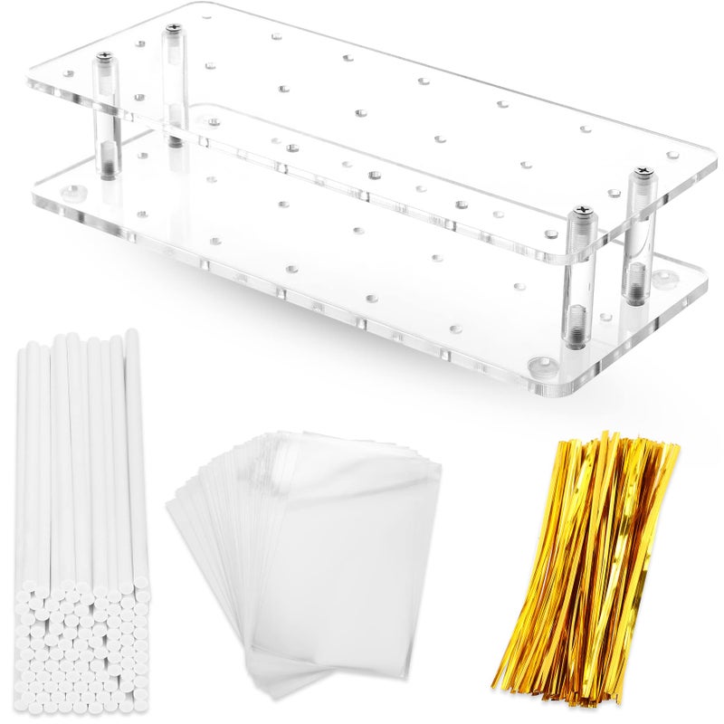 Goabroa Cake Pop Stand 21 Holes Clear Acrylic Cake Pop Kit with 300 PCS Cake Pop Sticks and Wrappers Cake Pop Making Accessories for Weddings Birthday Parties Baby Shower Halloween
