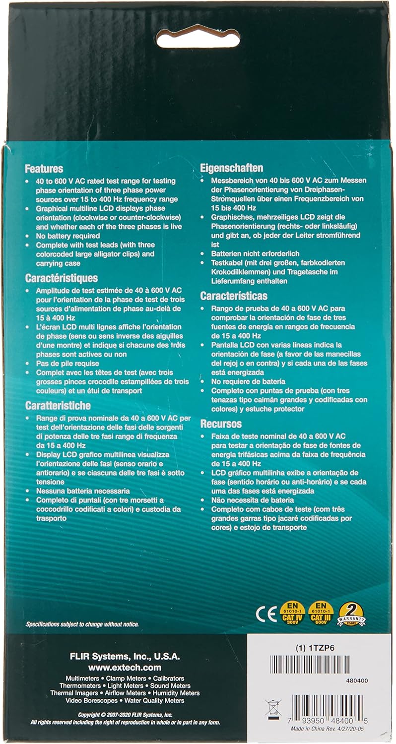 Extech 480400 Phase Sequence Tester with LCD Display and Alligator Clips - Image 3