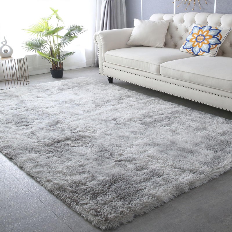 CAIYUECS Shag Area RugIndoor Ultra Soft Plush Rugs for Bedroom Living Room NonSkid Modern Nursery Faux Fur Rugs for Kids Room Home Decor TieDyed Light Gray 4x6 Feet
