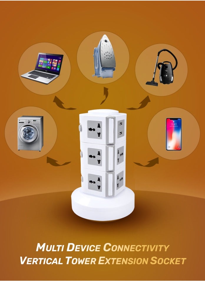 مشترك طاقة برج عمودي عالمي، مقبس متعدد 110 فولت - 250 فولت مع منفذي USB، حامي من زيادة التيار الكهربائي لمحطة الشحن، مناسب لأي بلد