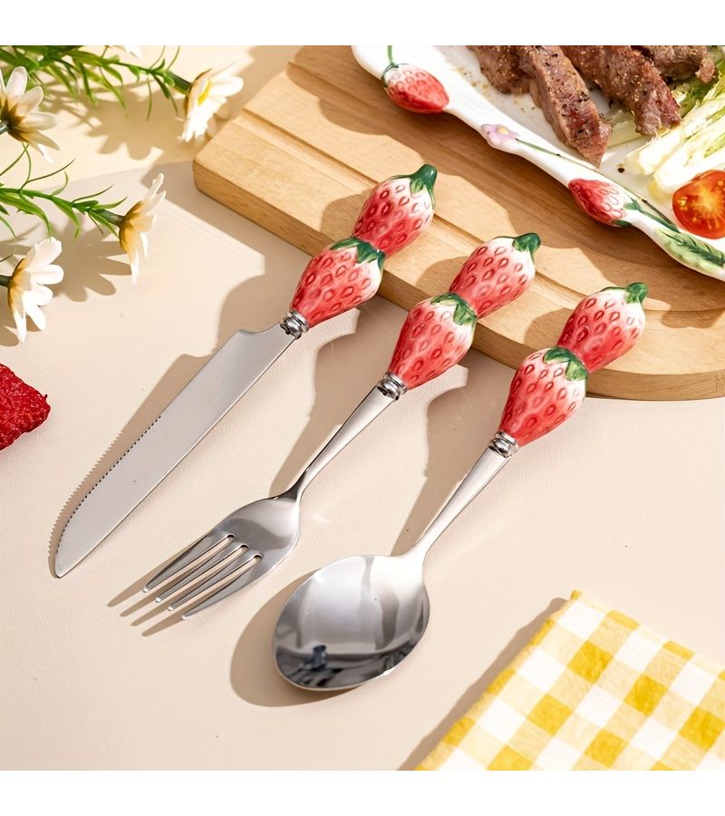 Ceramic Handle 304 Stainless Steel Knife Fork Spoon Three Piece Cutlery Set - Image 2