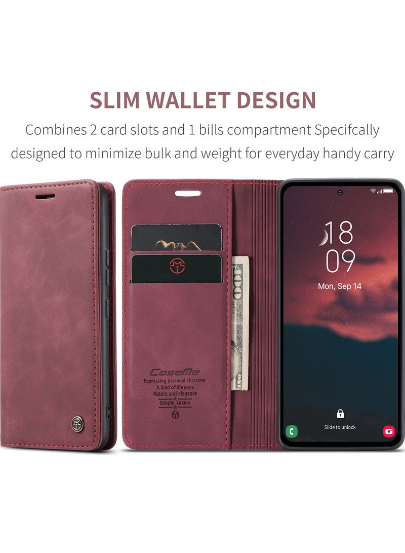 CaseMe Phone Case Luxury PU Leather Design 013 Flip Cover Card Slot Holder Cover For Honor 400 Pro  (WineRed) - Image 2