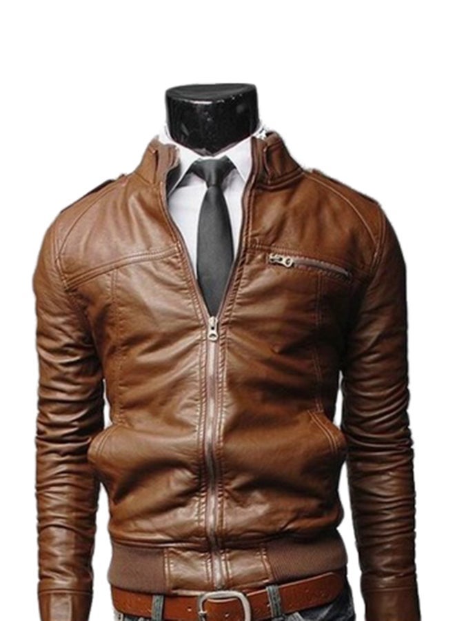 NIBEMINENT Slim Fit Long Sleeve Zip Through Jacket Brown  - Image 1