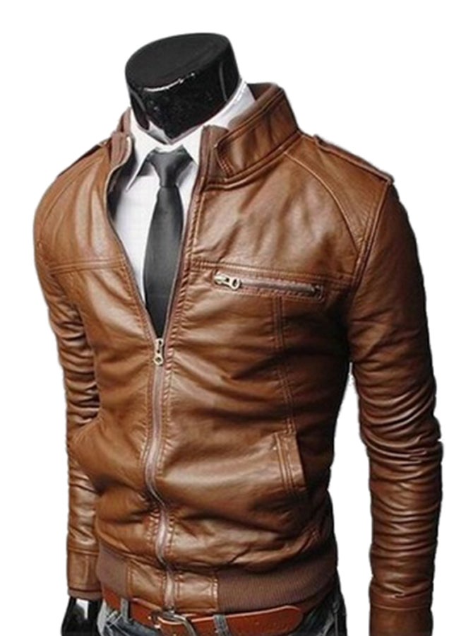 NIBEMINENT Slim Fit Long Sleeve Zip Through Jacket Brown  - Image 3