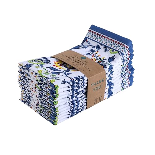 FINGERCRAFT 12-Pack Cotton Linen Blend Table Napkins 50cm x 50cm Printed Cloth Dinner Napkins, Washable Fabric, Superb Absorbency Perfect for Home, Kitchen & Party Use (Blue Floral) - Image 1