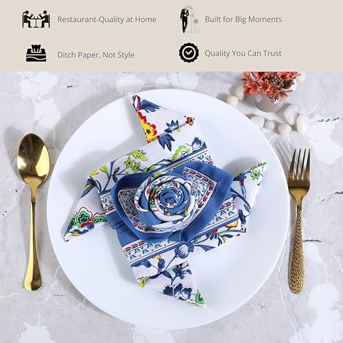 FINGERCRAFT 12-Pack Cotton Linen Blend Table Napkins 50cm x 50cm Printed Cloth Dinner Napkins, Washable Fabric, Superb Absorbency Perfect for Home, Kitchen & Party Use (Blue Floral) - Image 3